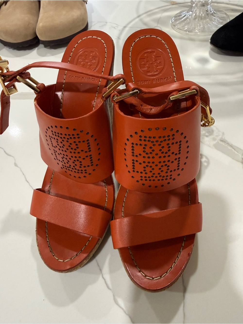 Tory Burch Orange Leather Perforated Logo Slide Mules